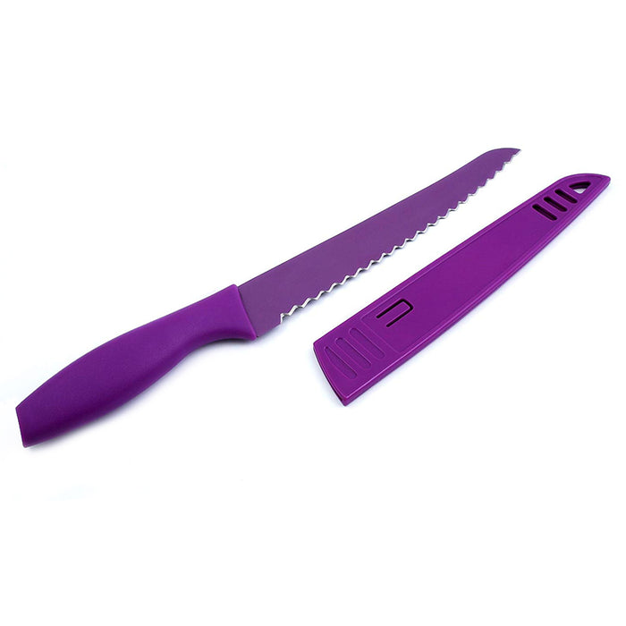 Wavy Serrated Bread Slicer Knife 8-Inch Long Blade w Sheath Cover Cutlery Purple