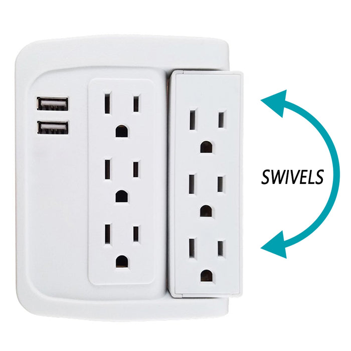6 Outlet Wall Tap Adapter 3 Swivel AC Sockets 2 USB Charging Ports Surge Protect