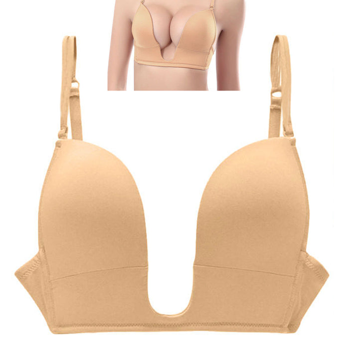 Women Deep U Plunge Seamless V Shape Bra Push Up Convertible Straps Top Size 34B