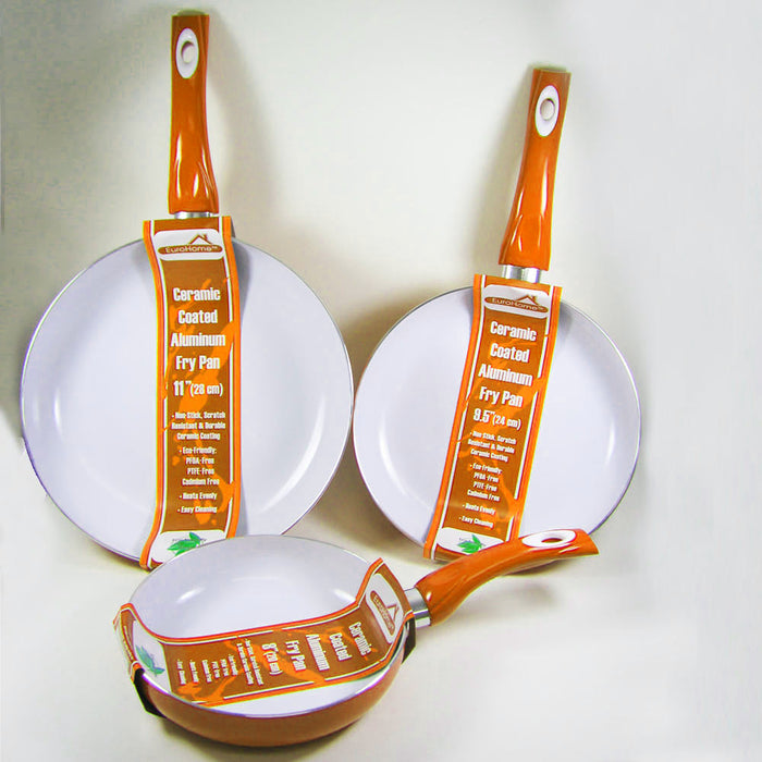 3 Non Stick Ceramic Coated Fry Pan Set Eco Orange Healthy Cookware 8" 9.5" 11"