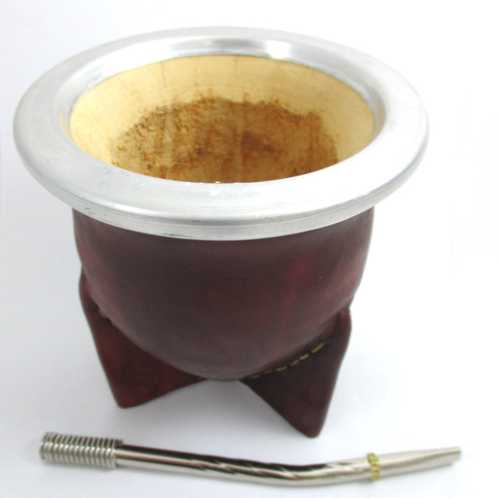 Argentina Mate Gourd Yerba Tea Brown Leather Covered Bombilla Straw Kit Set 9600