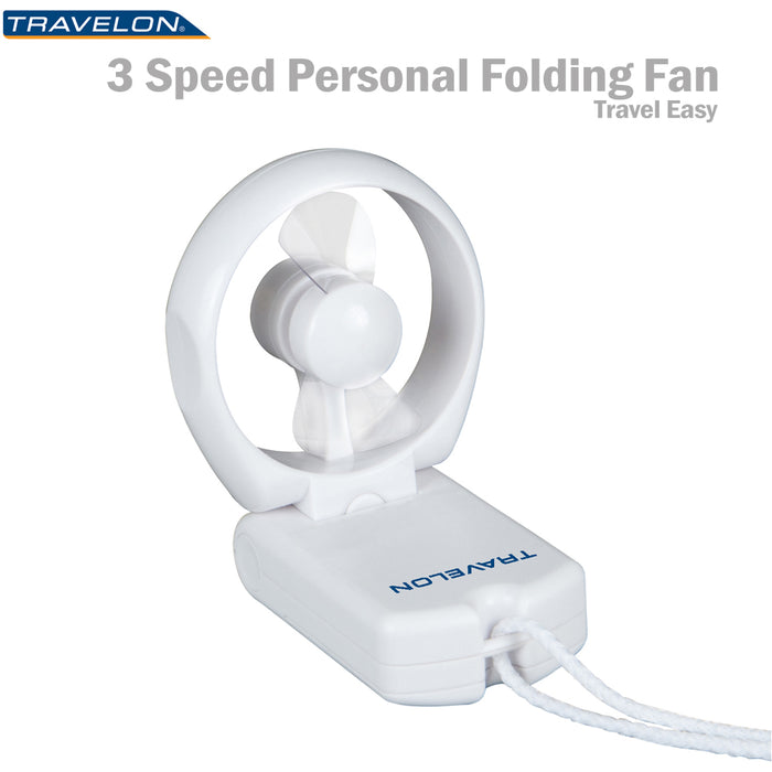 Travelon Personal Folding Fan Compact Portable 3 Speed Tavel Cooling Beach Hang