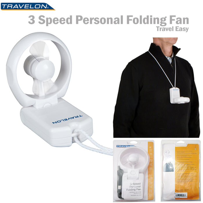 Travelon Personal Folding Fan Compact Portable 3 Speed Tavel Cooling Beach Hang