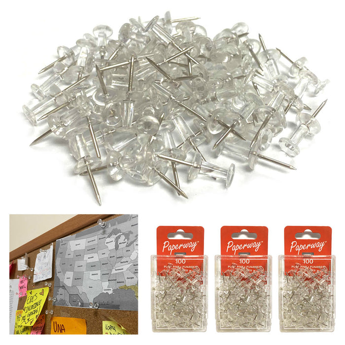 300 Pcs Push Pin Thumb Tacks Office Pushpin Drawing Cork Board Steel Point Clear