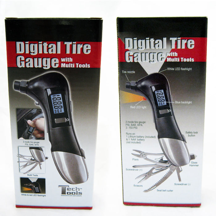 Digital Multi Tool Air Pressure Gauge Car Motorcycle Flashlight Glass Hammer