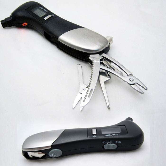 Digital Multi Tool Air Pressure Gauge Car Motorcycle Flashlight Glass Hammer