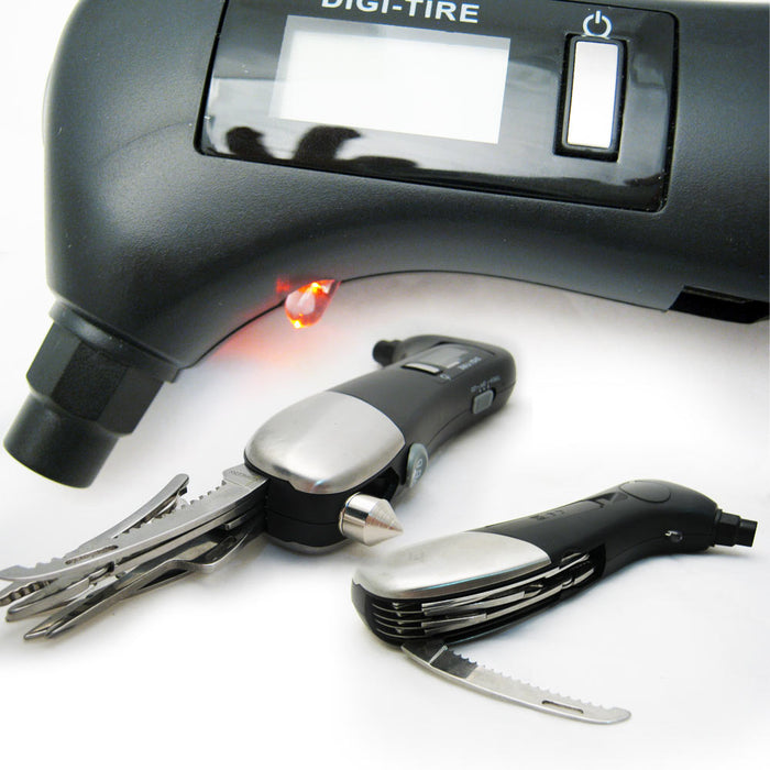 Digital Multi Tool Air Pressure Gauge Car Motorcycle Flashlight Glass Hammer