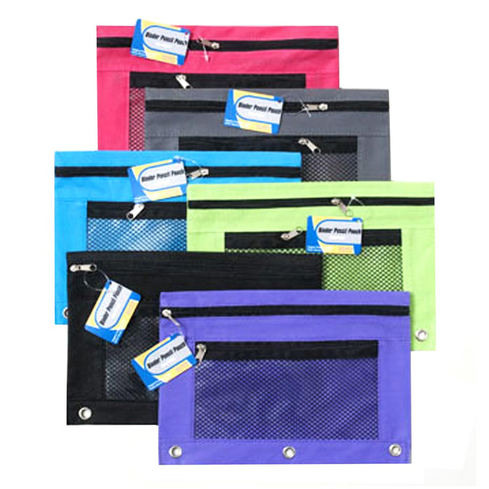 24 Pk BAZIC 3-Ring Pencil Case Rivet-Reinforced Holes Mesh Window Bright Colors
