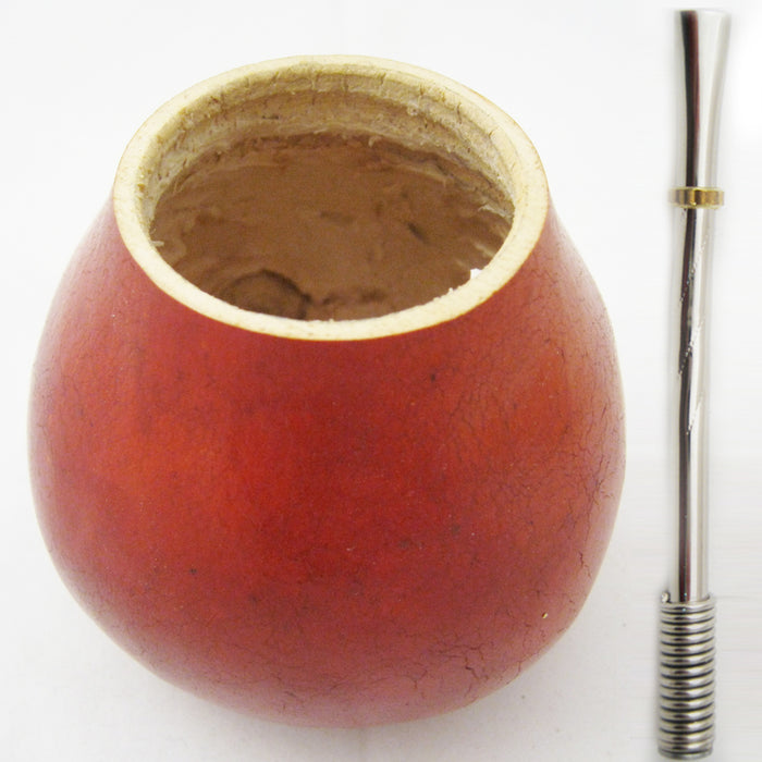 ARGENTINA MATE GOURD CUP TEA STRAW BOMBILLA ORANGE HANDMADE GIFT HERBAL KIT 4101