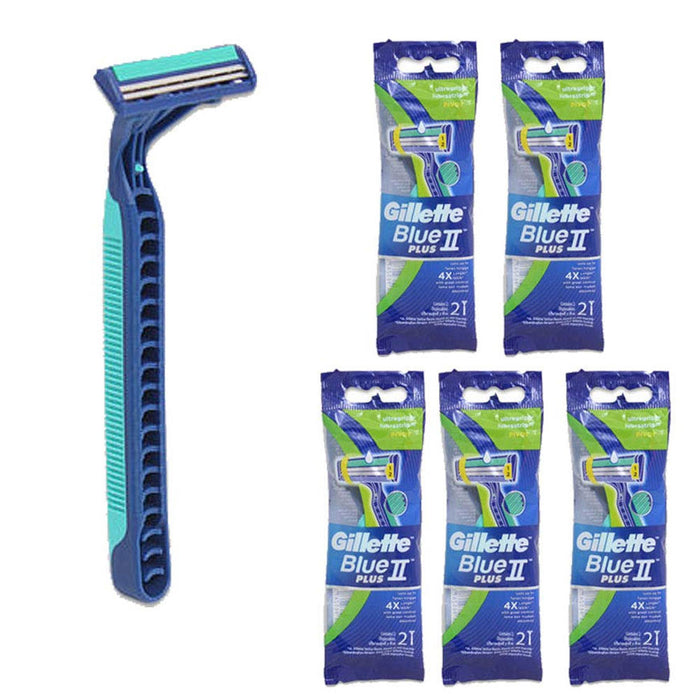 5 Packs Gillette Blue II Plus Disposable Razor Pivot 2 Blade Unisex 10 Razors