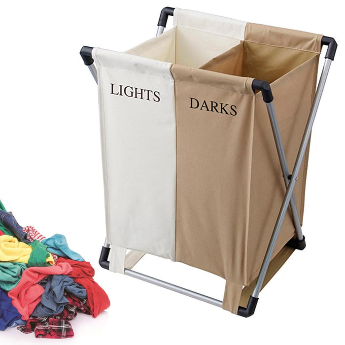 Laundry Hamper Basket Aluminum Folding Double Section Light Dark Separator Large