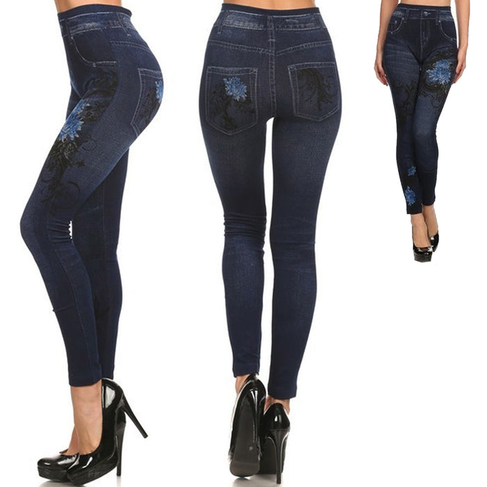 Fashion Women Stretchy Denim Look Jeans Jegging Skinny Leggings Print Slim Pants