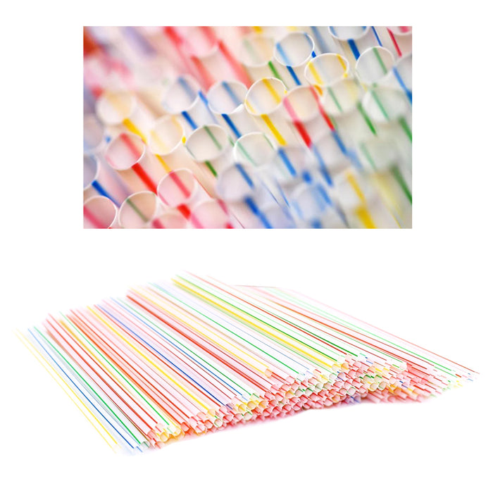300PC Plastic Straight Straws Disposable Assorted Colors Striped 9" Drinking Bar