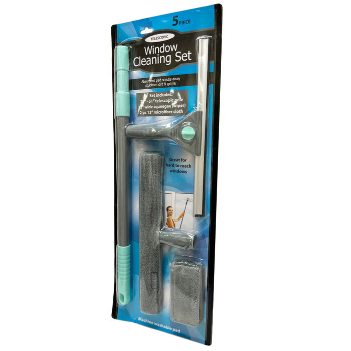 51" Telescopic Window Cleaning Kit Extension Pole Wide Wiper Microfiber Cloths