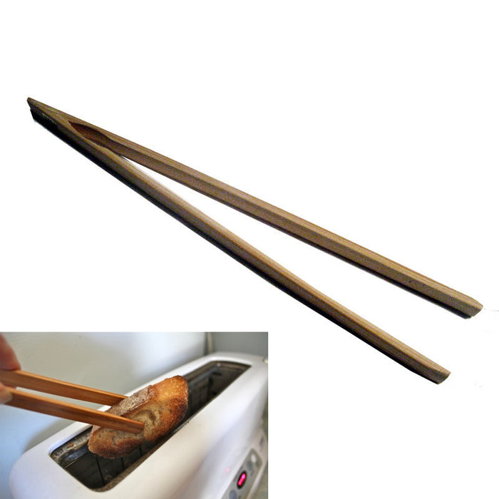 12" Bamboo Wood Toast Tong Wooden Toaster Safe Bacon Bagel Kitchen Chopstick