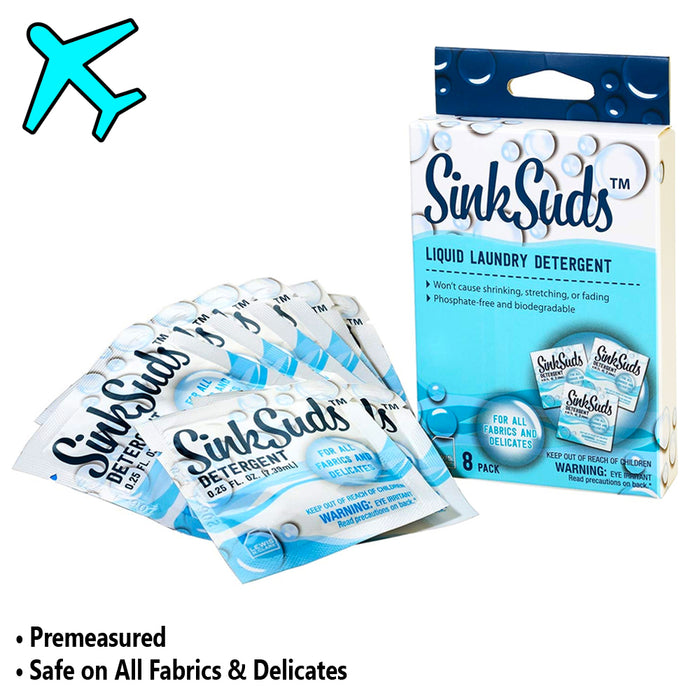8 Pack Travel Laundry Detergent Packets 0.25 fl. oz Odor Eliminator TSA Approved