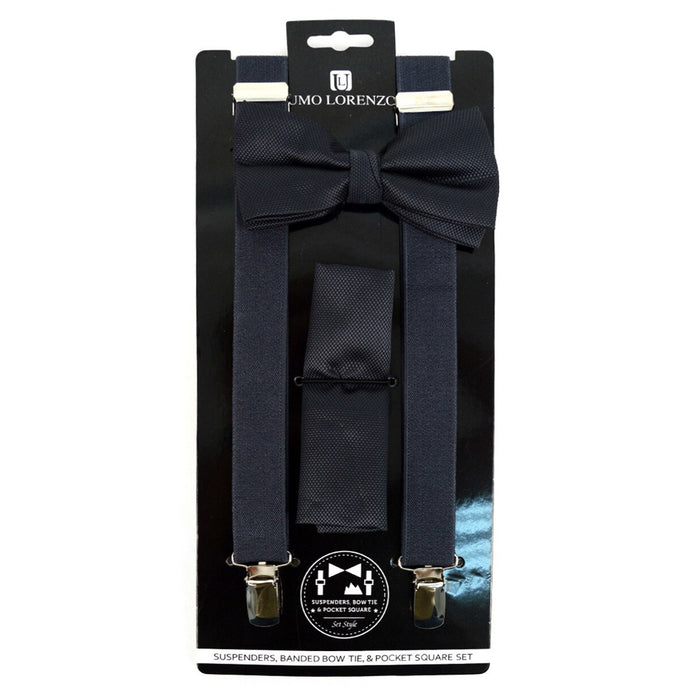 3PC Mens Suspenders + Banded Bow Tie Set Adjustable Metal Clips + Pocket Square