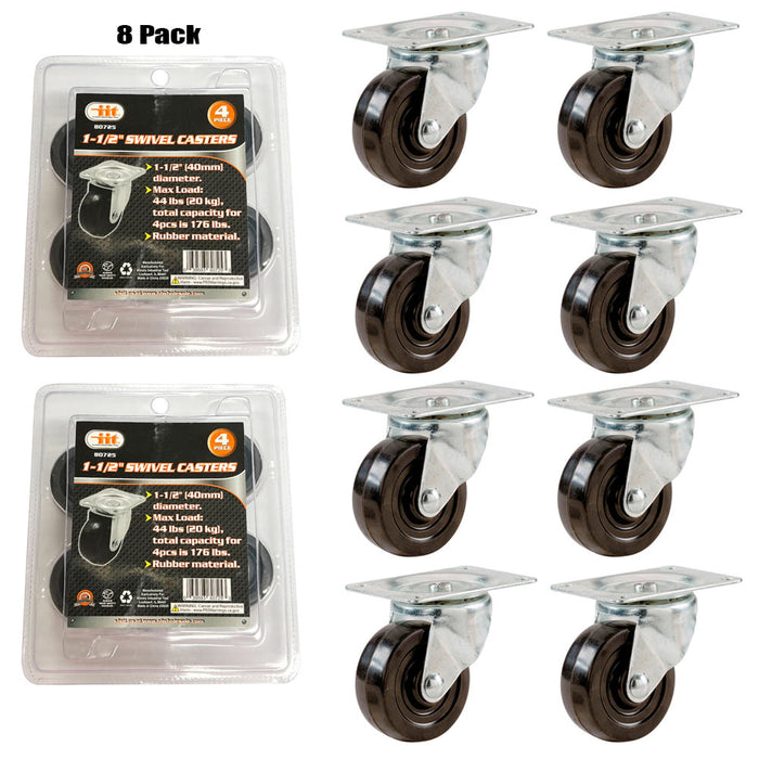 8 Pack 1 1/2" Swivel Casters Plate Mounting Wheel Rubber Top Plate Heavy Duty