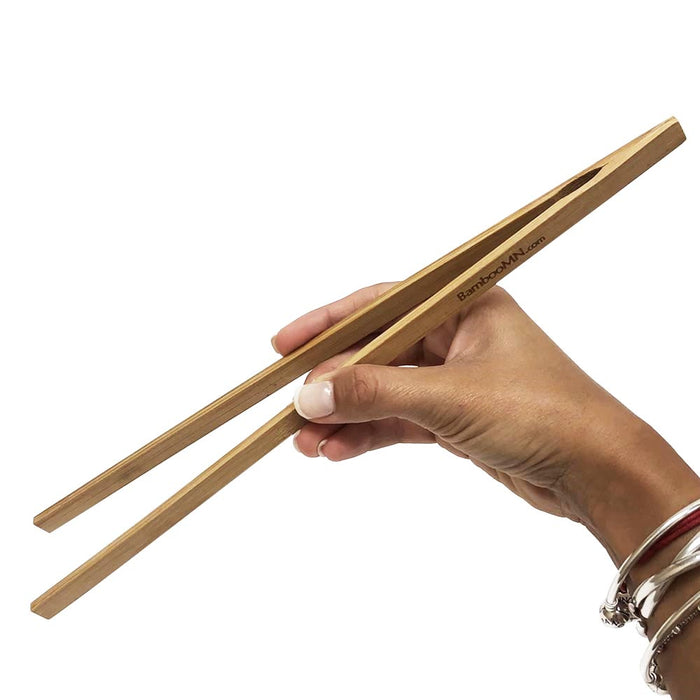 4 Set Bamboo Toast Tongs 12" Bagel Fruit Bread Bacon Straight Arm Toaster Wooden
