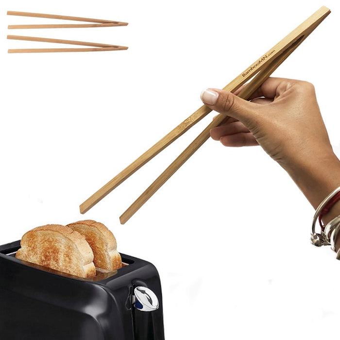 2 Reusable Bamboo Toast Tongs 12" Bread Bacon Bagel Fruit Toaster Wooden Cooking