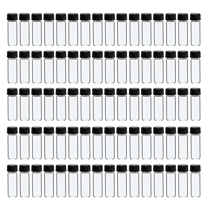 80PC Bottles Mini Clear Glass Vial Sample Black Cap 1 3/8 Tall 4 mL Gold Panning