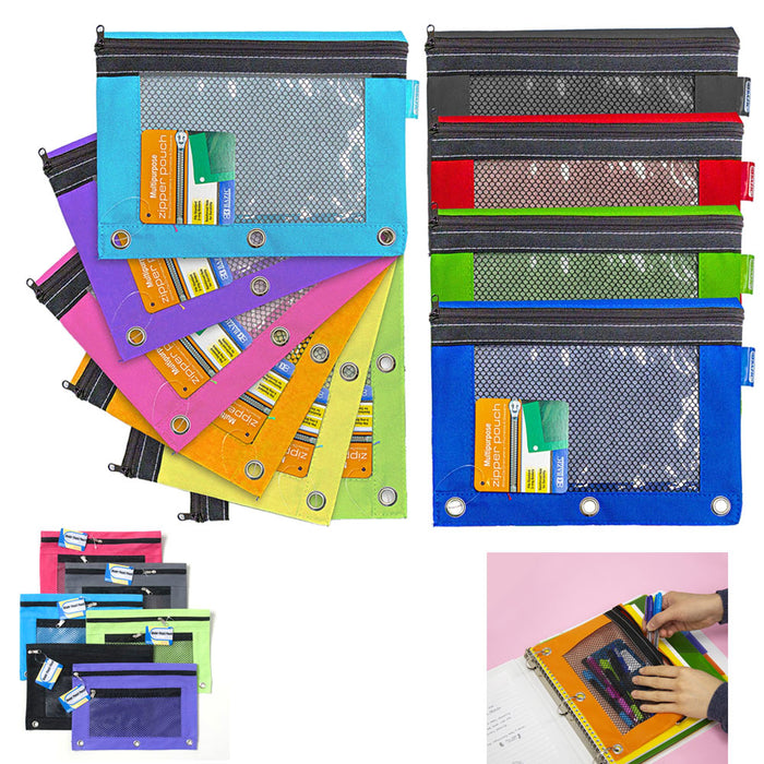 24 Pk BAZIC 3-Ring Pencil Case Rivet-Reinforced Holes Mesh Window Bright Colors