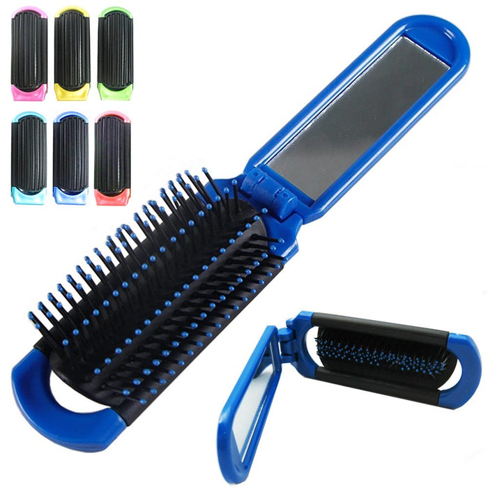 5 Pc Compact Folding Hair Brush With Mirror Handbag Pocket Size Gym Bag Purse