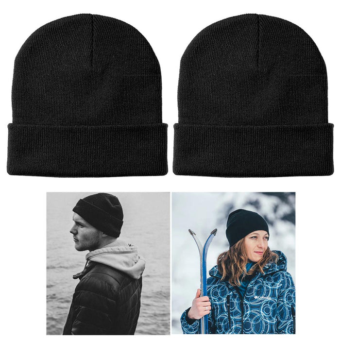 2 Beanie Knit Hat Slouchy Skull Ski Plain Winter Warm Cap Cold Weather Women Men