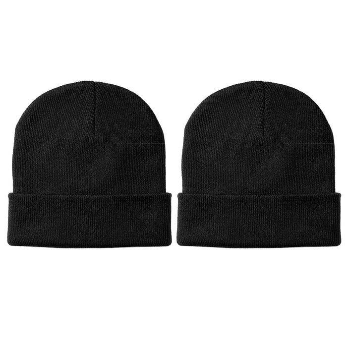 2Pc Winter Plain Beanie Knit Hat Soft Skull Ski Cap Warm Cold Weather Solid Cuff