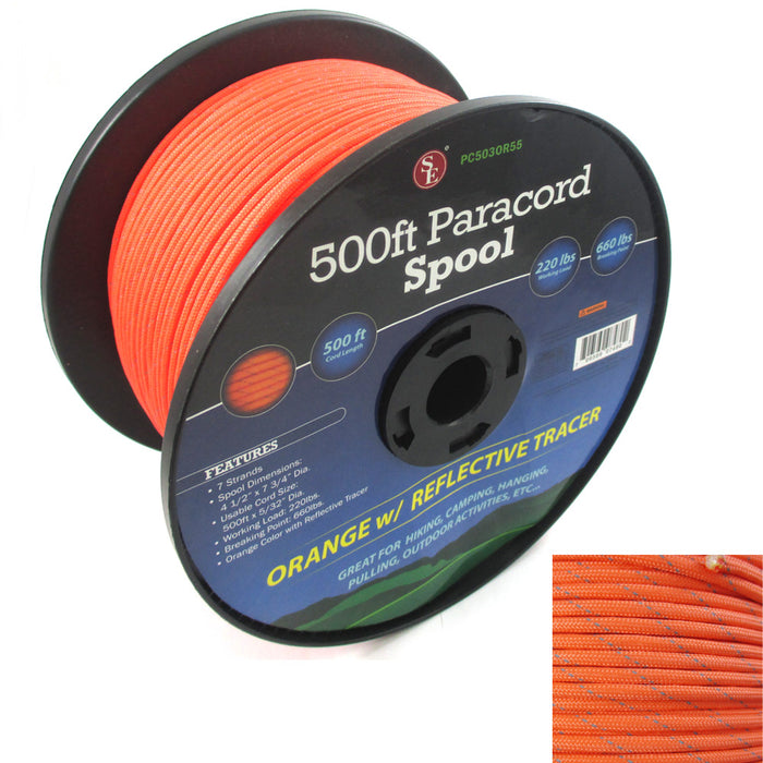 Orange Reflective Cord Paracord 500 Ft Spool Outdoor Camping Hunt Survival Tool