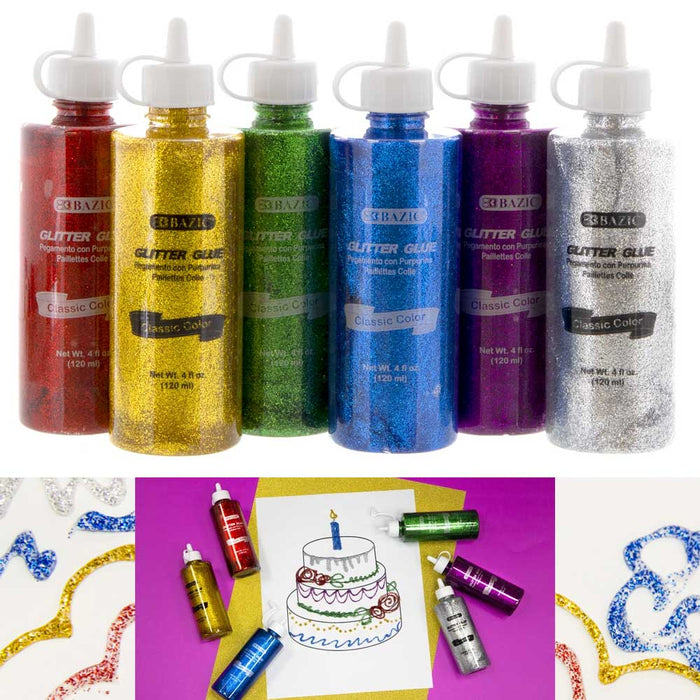 6 Pc Set Glitter Glue Assorted Classic Color Squeeze Art Crafts 4oz Each Bottle