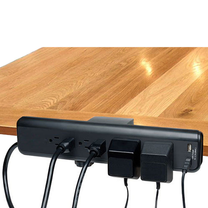 Desk Mountable Power Strip 6ft Cord 2 USB 2.1A Ports 6 Outlets Screw On Clamp