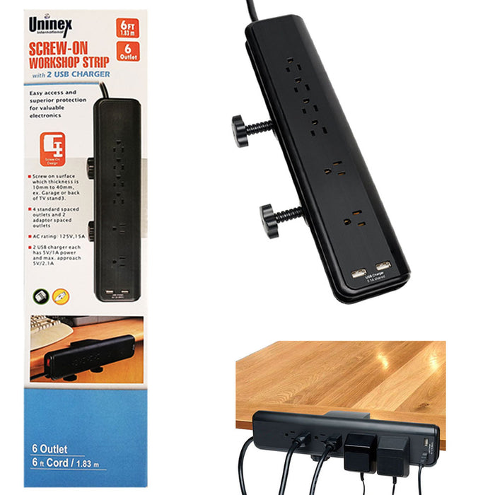 Desk Mountable Power Strip 6ft Cord 2 USB 2.1A Ports 6 Outlets Screw On Clamp