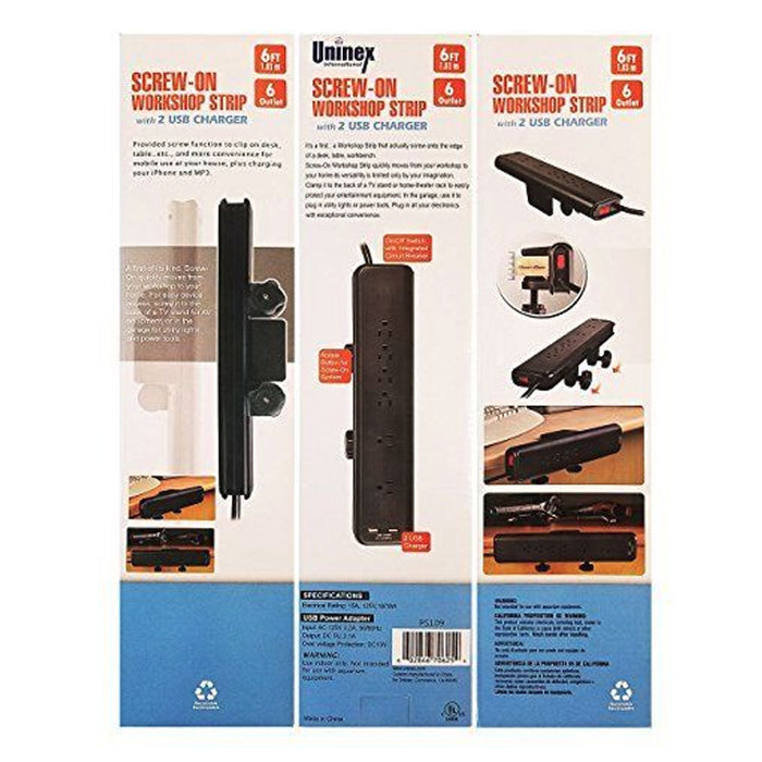 Desk Mountable Power Strip 6ft Cord 2 USB 2.1A Ports 6 Outlets Screw On Clamp