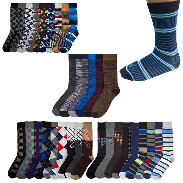 12 Pairs Mens Dress Socks Knocker Design Crew Pattern Stripe Dot Argyle 10-13