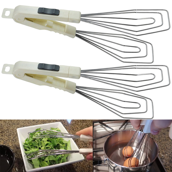 2 Pc Wonder Mixer Multi Purpose Metal Tongs Spatula Whisk Kitchen Grill Salad