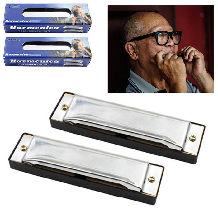 2 Pc Beginners Harmonica C Key 10 Hole Silver Metal Classic Blues Instrument New