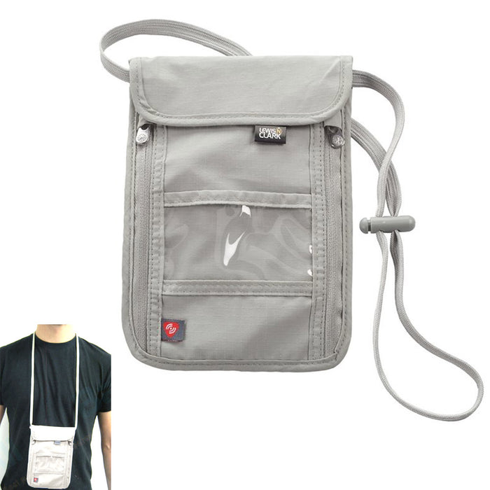 Lewis N. Clark RFID Neck Travel Wallet Blocking Stash Passport Holder Pouch Gray
