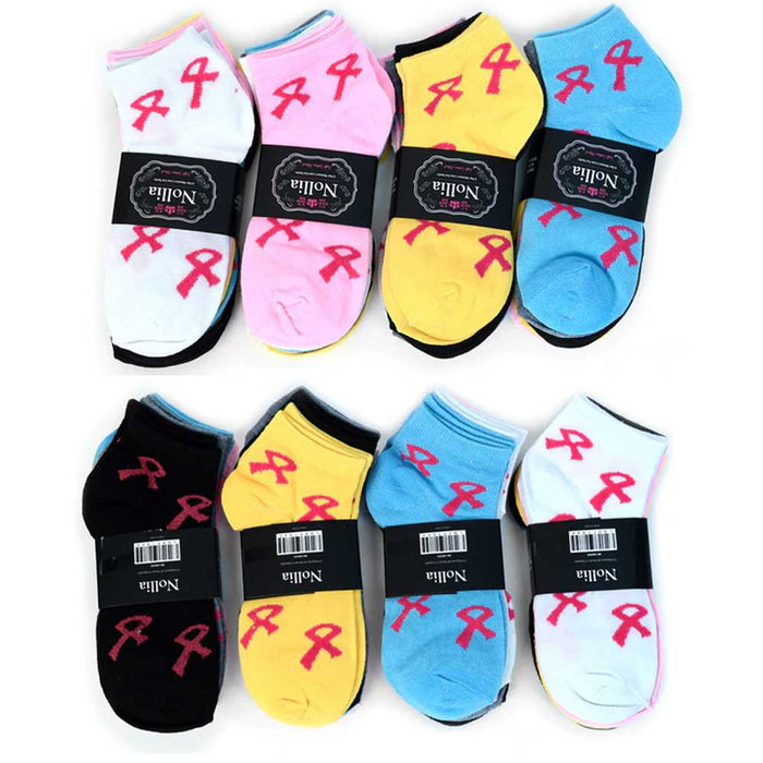 6 Pair Pink Ribbon Socks Breast Cancer Awareness Womens Support Girls Size 9-11