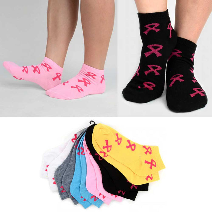 12 Pair Pink Ribbon Socks Breast Cancer Awareness Womens Support Girls Size 9-11