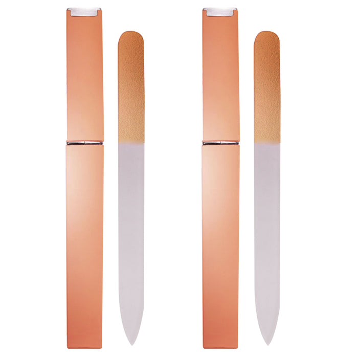 2 Sets Rose Gold Crystal Glass Nail File Case Manicure Emery Board Salon Pro