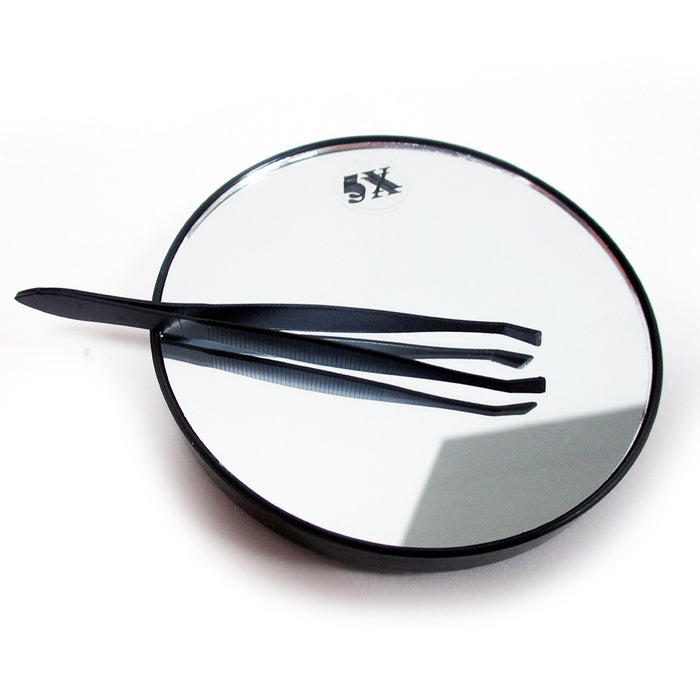 Make Up Mirror Cosmetic 5x Magnifying Compact With Suction Cups and Tweezers Set