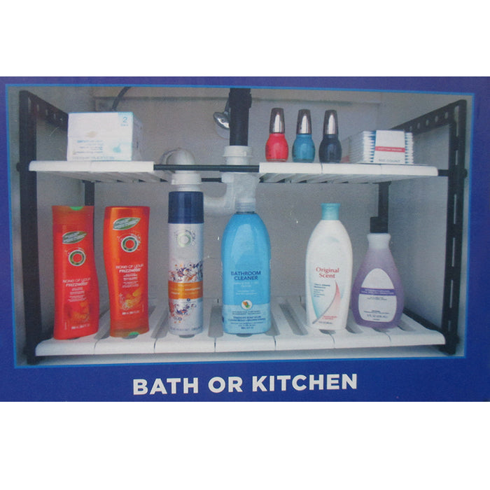 2 Tier Expandable Adjustable Under Sink Shelf Organizer Unit Kitchen Shelves New