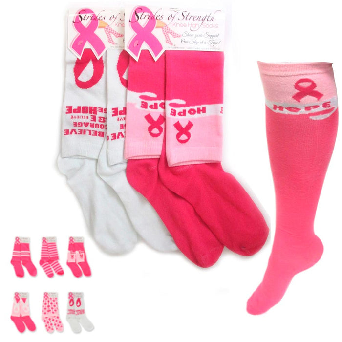 2 Pairs Pink Ribbon Knee High Socks Breast Cancer Awareness Support Womens New