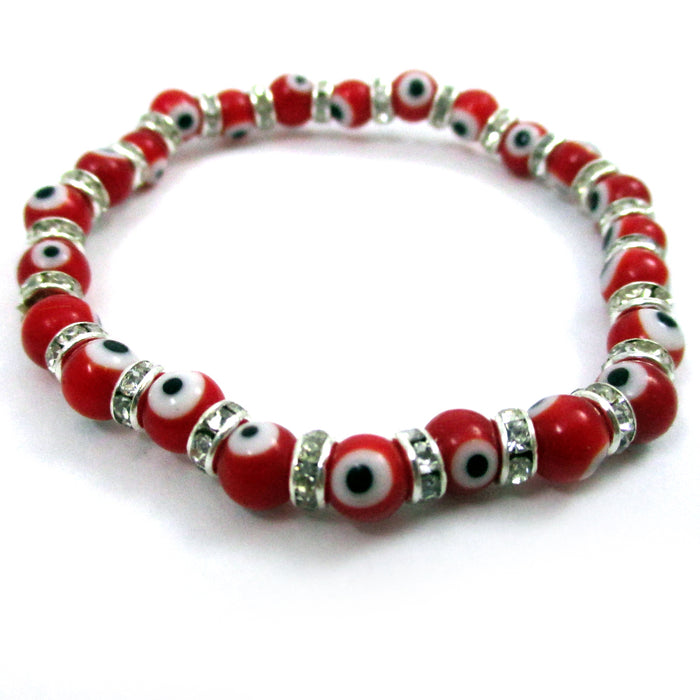 Evil Eye Red Glass Beads Stretch Bracelet Hamsa Lampwork 6mm Good Lucky Kabbalah