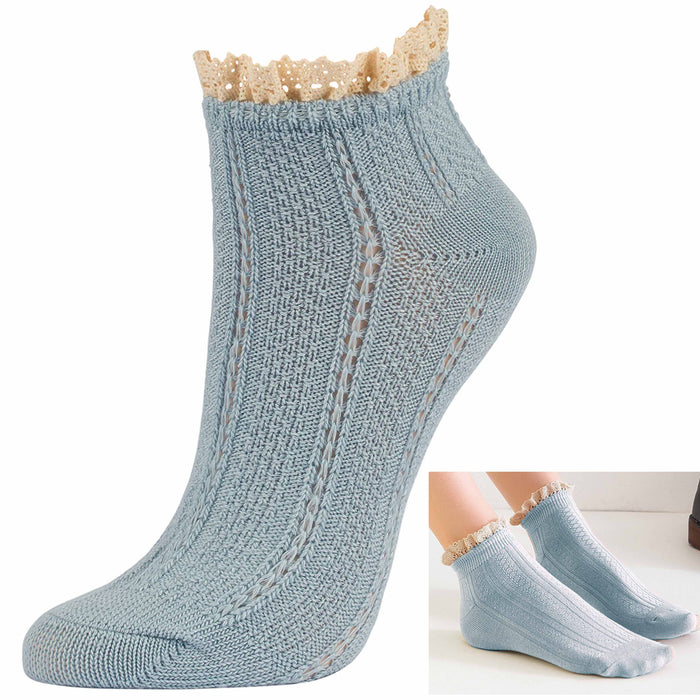 4 Pair Women Ankle Socks Lace Ruffle Fancy Retro Frilly Princess Crew Blue 9-11