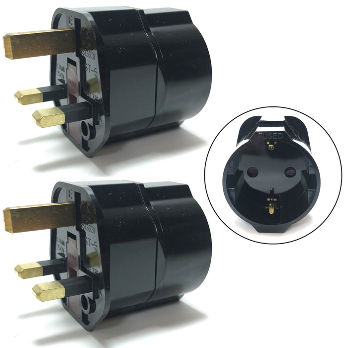 2 X Euro Plug Schuko EU European 2 Pin to 3 UK Travel Adaptor BS CE Approved