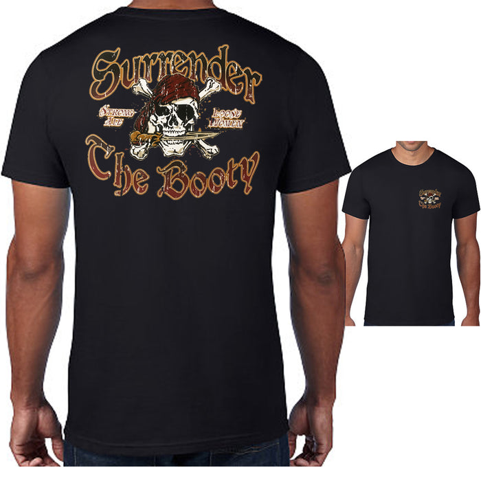 Jolly Roger Skull Pirate Surrender The Booty T-shirt Mens Graphic Tee Top Blk XL