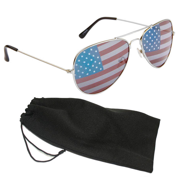 American Flag Pilot Sunglasses Classic Adult Size UV Protection US Shades Silver