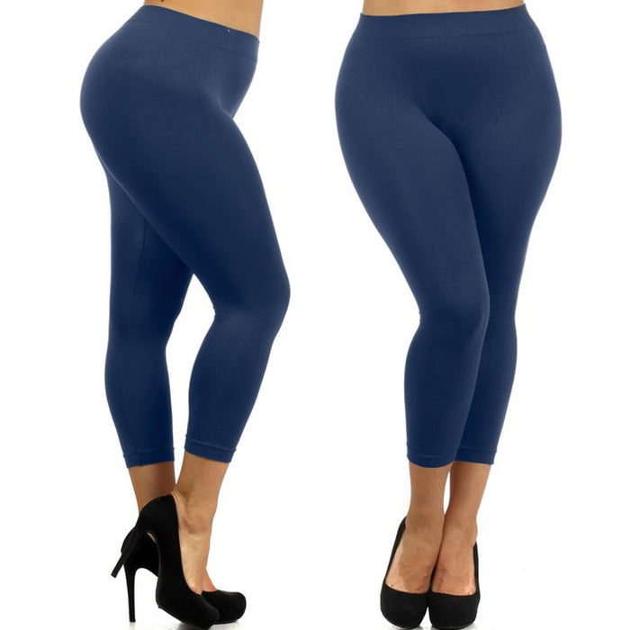Plus Size Seamless Capri Leggings for Women High Waisted Stretch Yoga Workout Pants Navy Blue